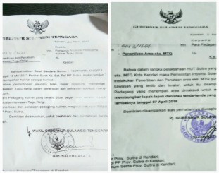 Ketgam : Dua surat edaran Gub Sultra yang Masing masing di tandatangani mantan wakil Gub sultra Saleh Lasata dan PJ Gub Sultra  Teguh setya budi 