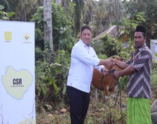 Bambang Murtiyoso GM Eksternal PT Gema Kreasi Perdana saat menyerahkan sapi kurban ke warga 